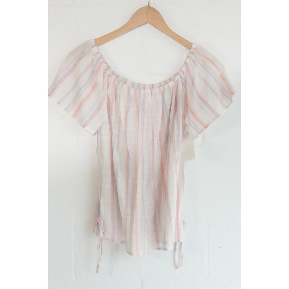 Pink Rose Off The Shoulder Blouse Womens Small Coral Blue Striped Short Sleeve
